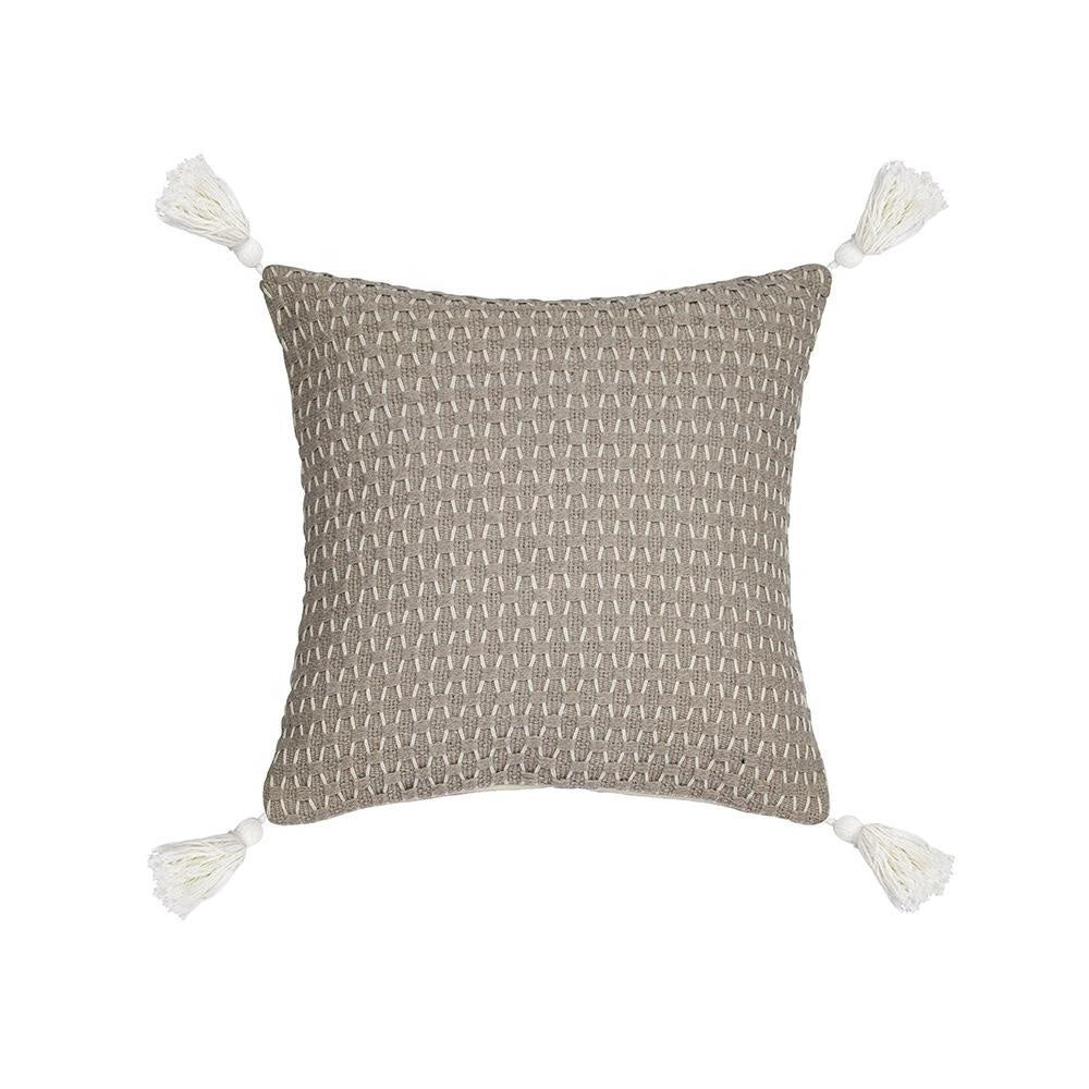 Taupe Woven Cushion with Ivory Tassels MND231
