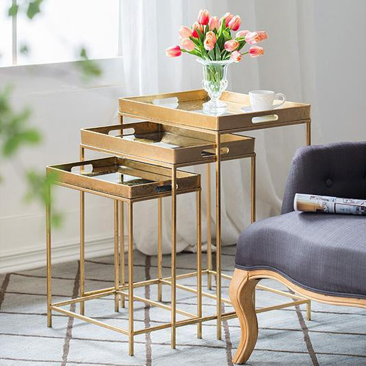 Set of 3 Gold Iron Nesting Tables with Removable Trays 45098