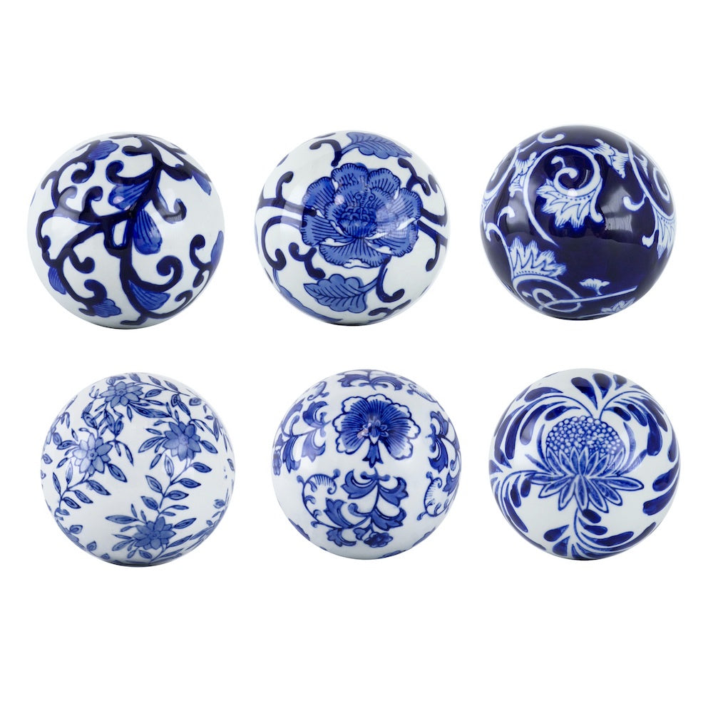 Set of 6 Blue & White Ceramic Orbs 2749-DS