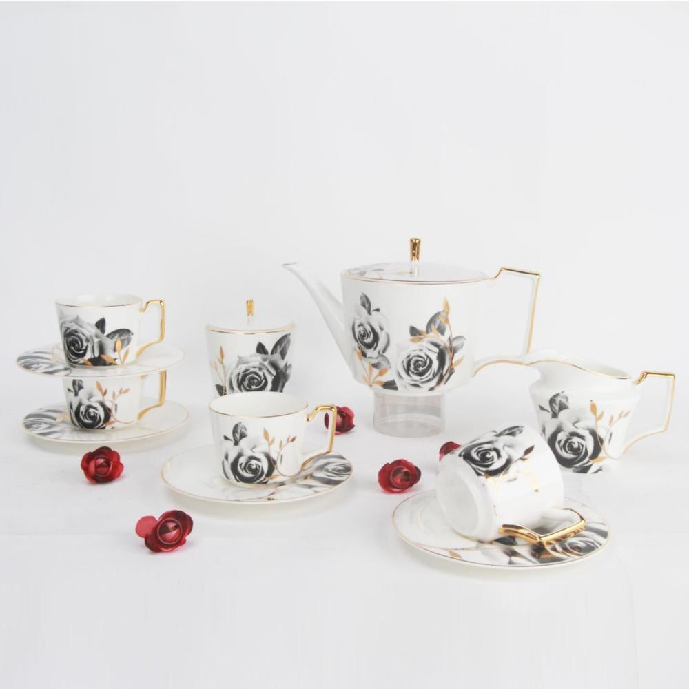 15-Piece Black, White & Gold Floral Bone China Tea Set AHTS-S023