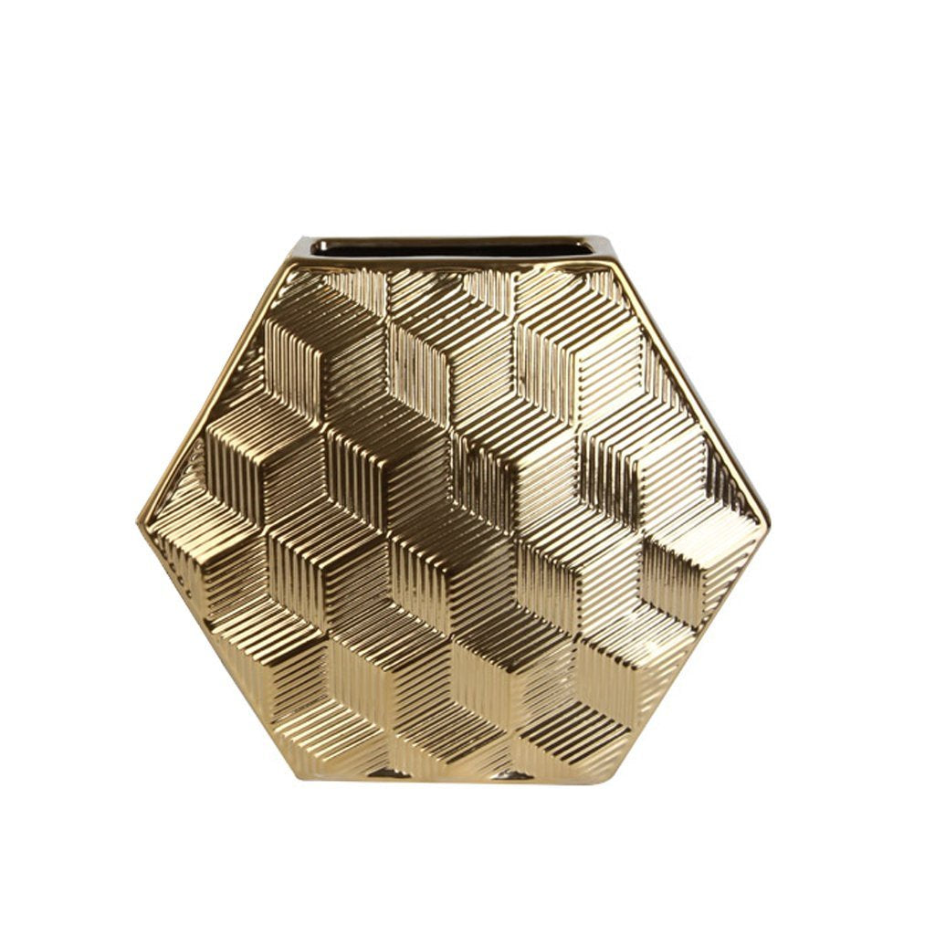 Gold Ceramic Hexagonal Vase with Cube Detail - Medium FAAD14D