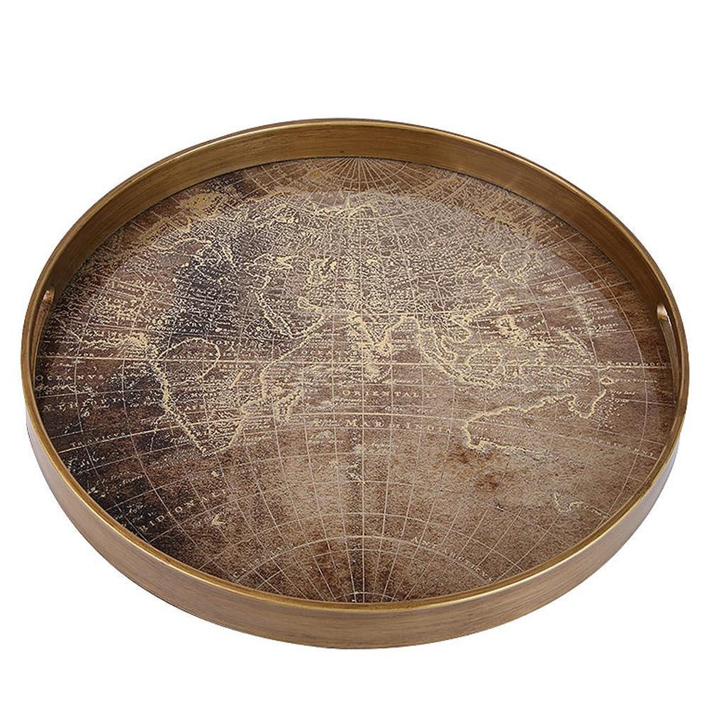 Round Tray with Glass Top and Vintage Map Detail FACBJ10