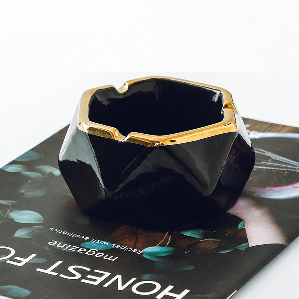 Black Ceramic Geometric Ashtray with Gold Trim SHDB8450054