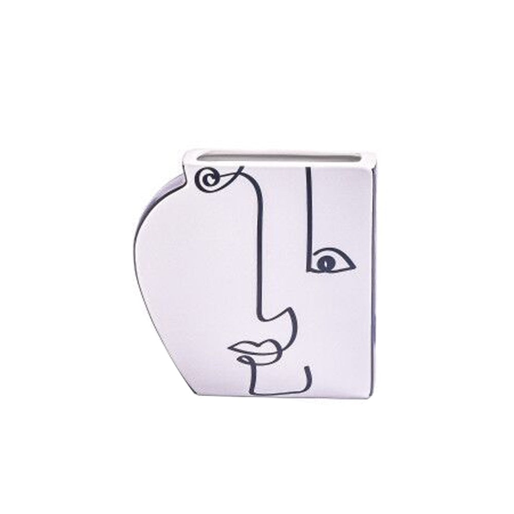 White Ceramic Half Vase with Linear Art - Small 608578