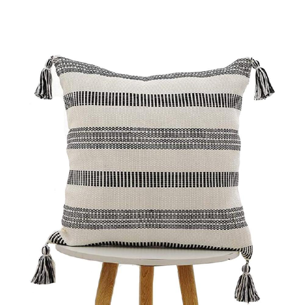 Black & White Woven Striped Cushion with Black Tassels MND240