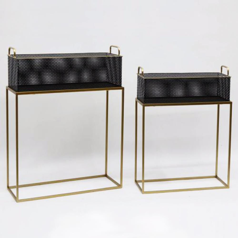 Set of 2 Black Rectangular Metal Planters on Gold Stands الغراس