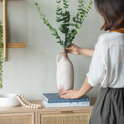 Aged White & Brown Ceramic Vessel with Handle 460187