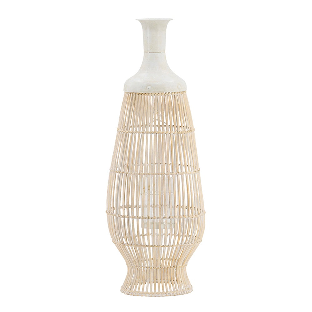 White & Natural Bamboo and Iron Lantern 48201