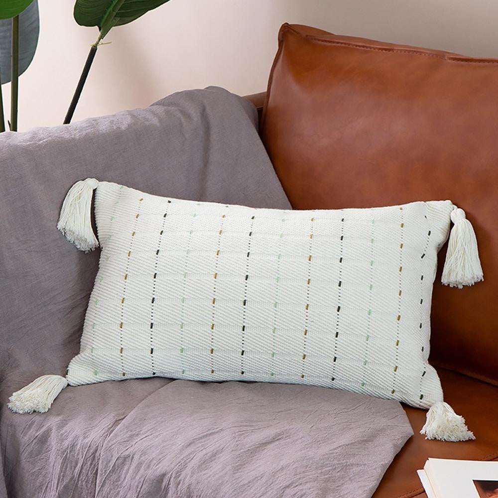 Dotted Stripes Embroidered Cushion with Tassels وسادة