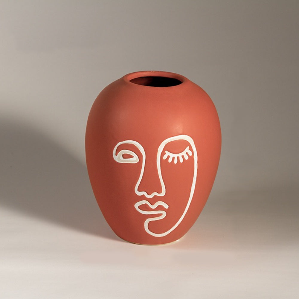 Terracotta Ceramic Vase with White Linear Artwork - Large GY-A-1