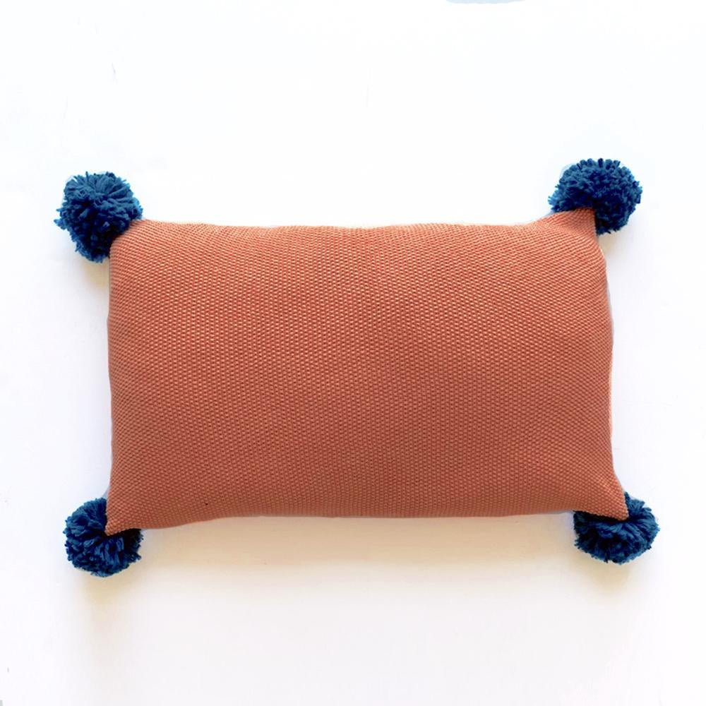 Coral Knitted Cushion with Contrast Pom Poms MND178