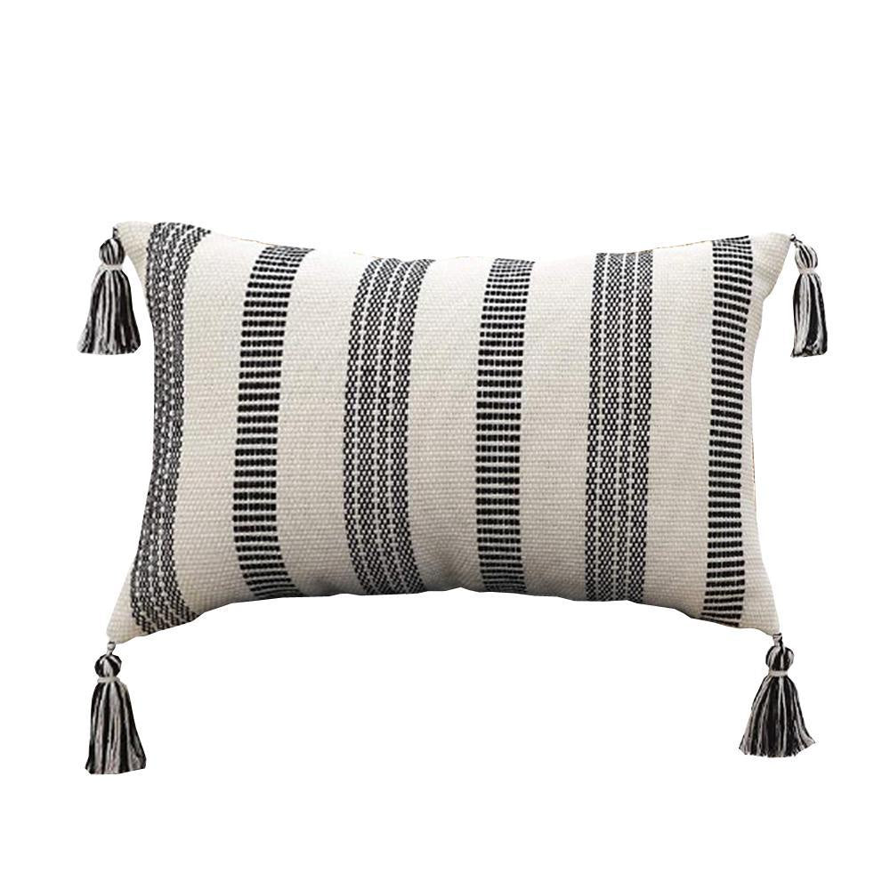 Black & White Woven Striped Cushion with Black Tassels - Rectangle MND241