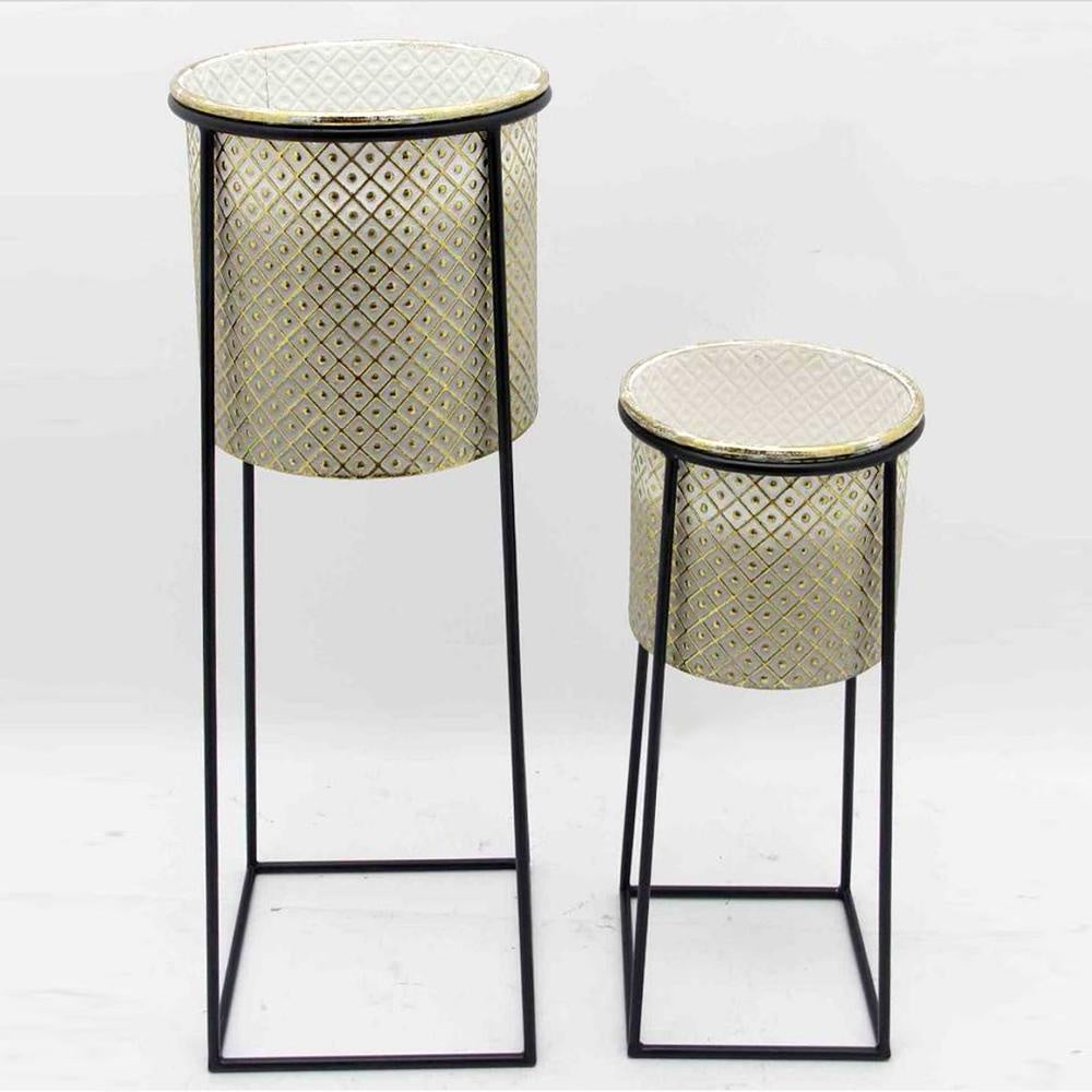 Set of 2 White and Gold Planters on Black Stands19101 الغراس