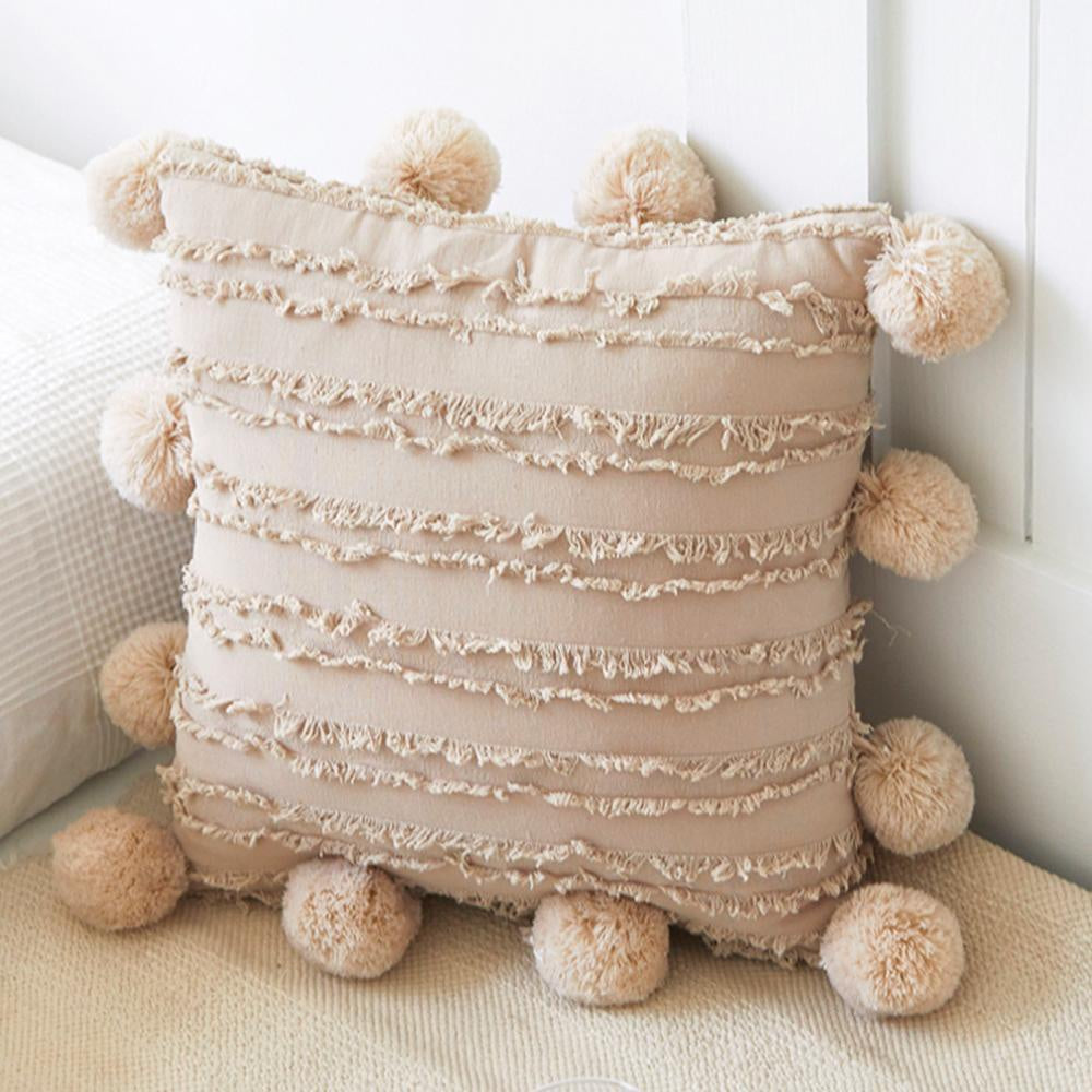 Beige Boho Cushion with Pom Poms MND199
