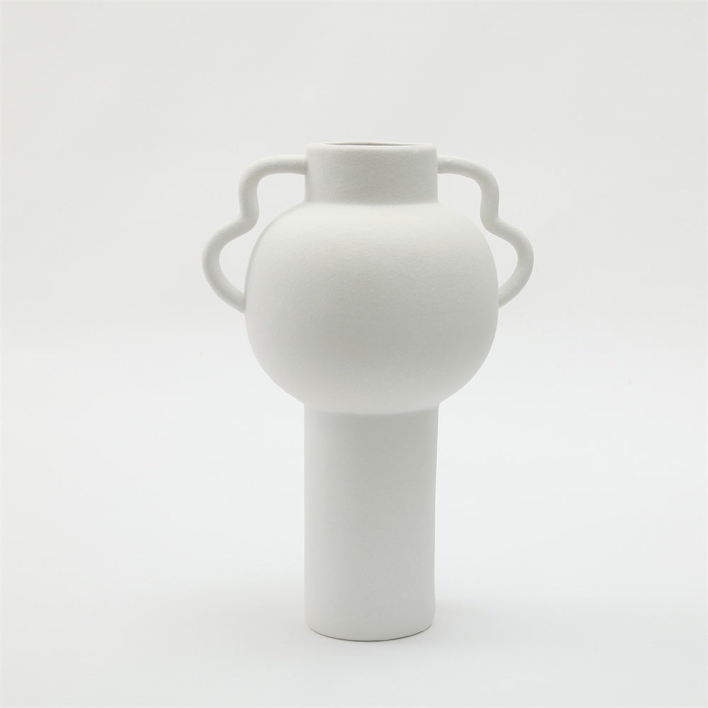 White Ceramic Pedestal Vase with Handle Detail 609788