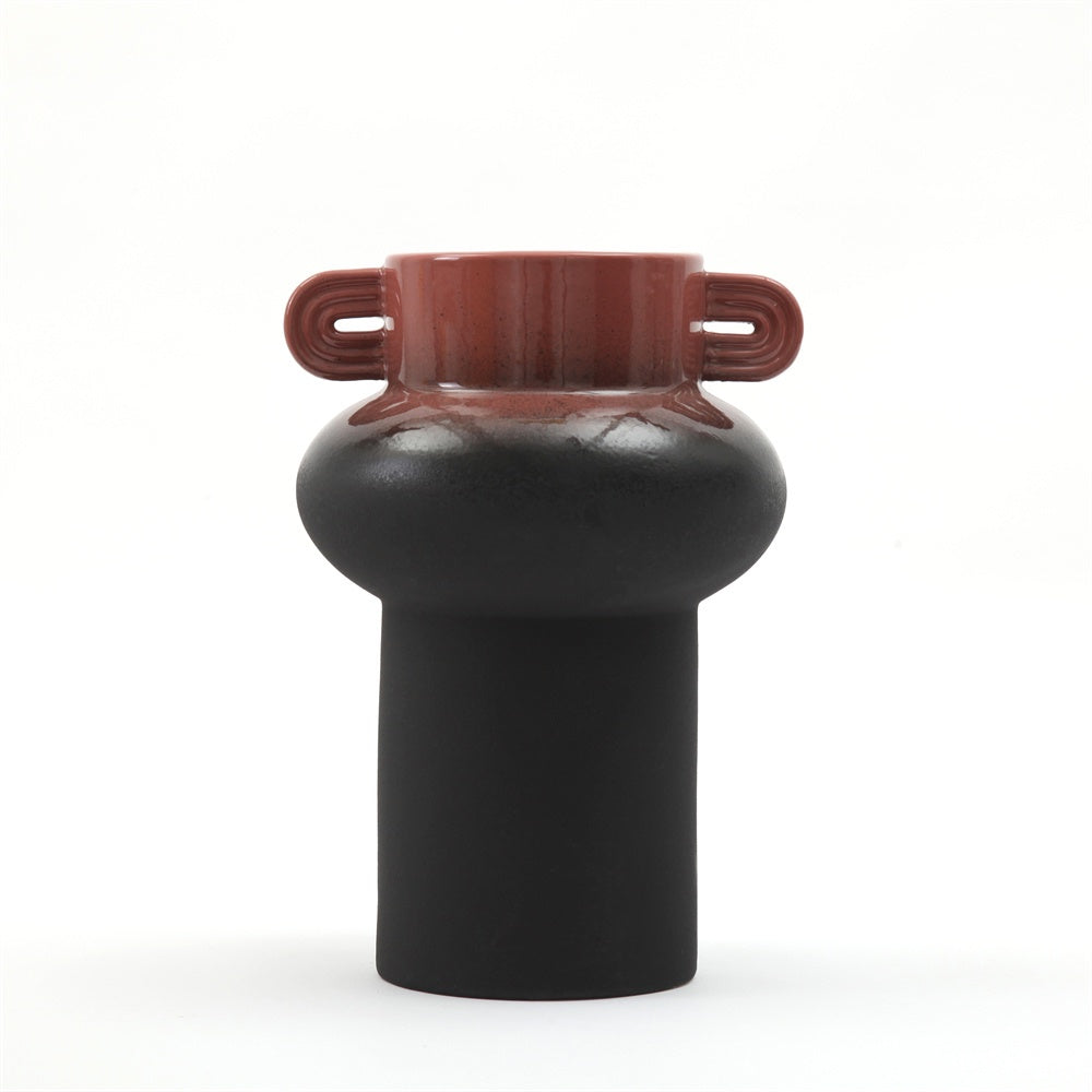 Black & Deep Red Ceramic Pedestal Vase with Handle Detail 609799