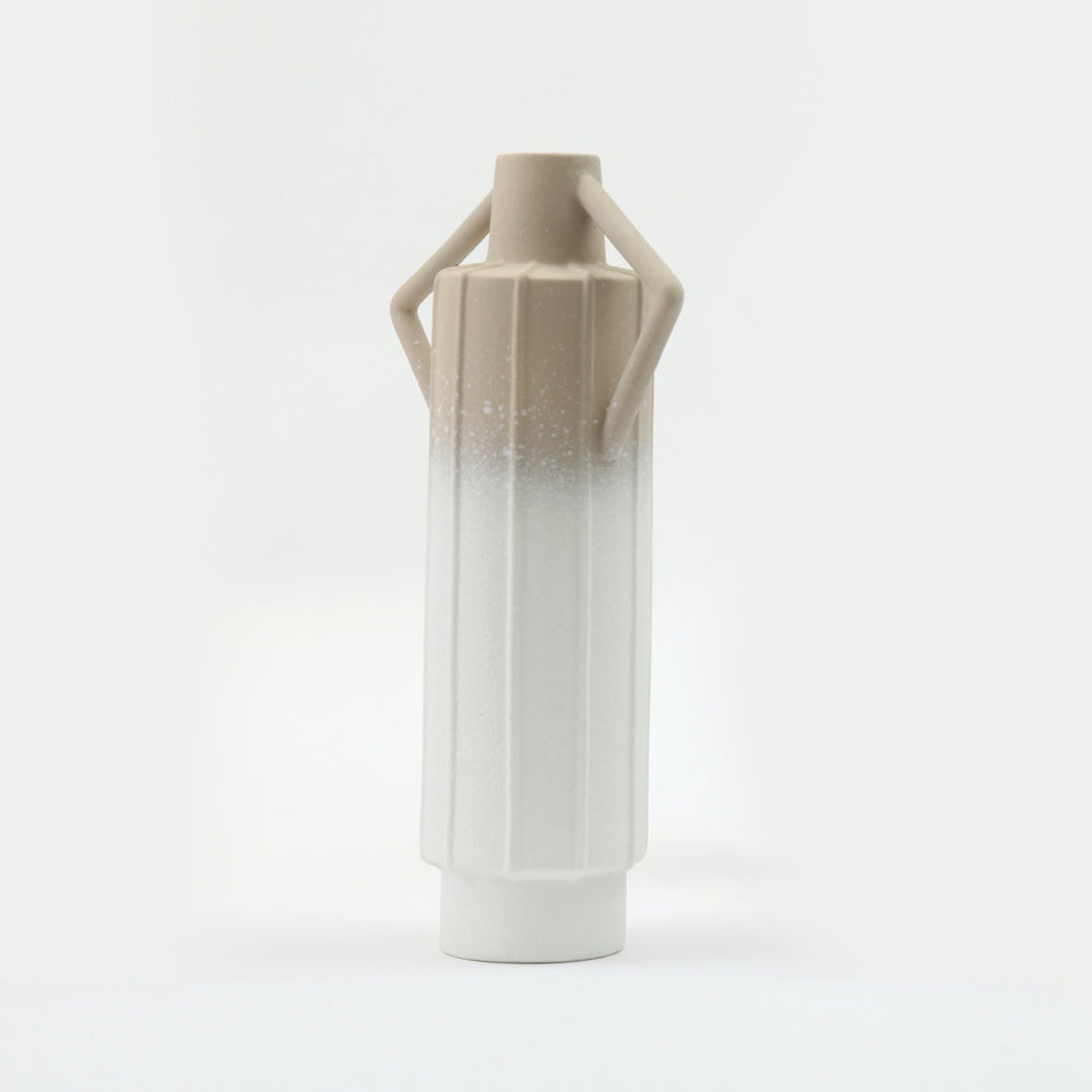 Brown & White Ceramic Vase with Handle Detail 609847
