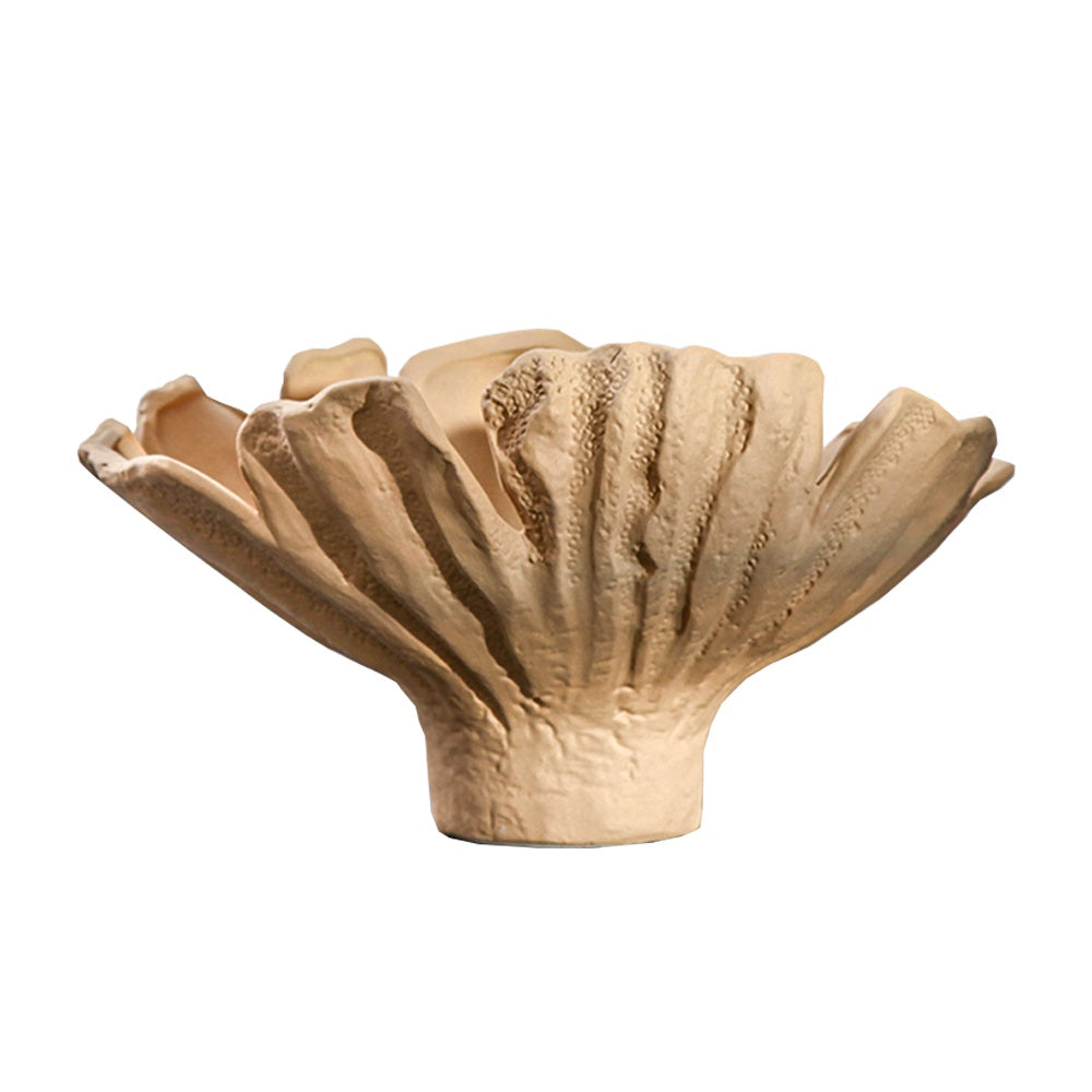 Beige Ceramic Pedestal Vase with Ruffle Design 610336