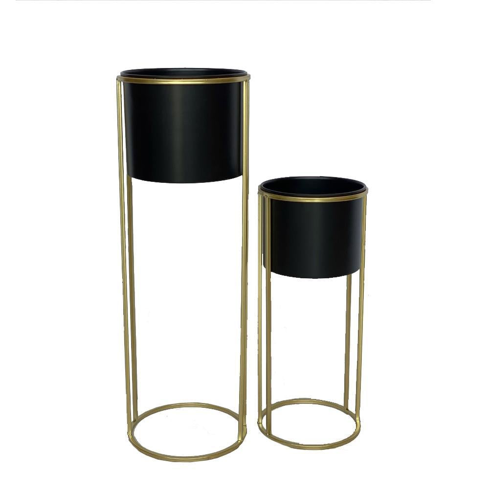 Set of 2 Black Metal Planters with Gold Trim الغراس
