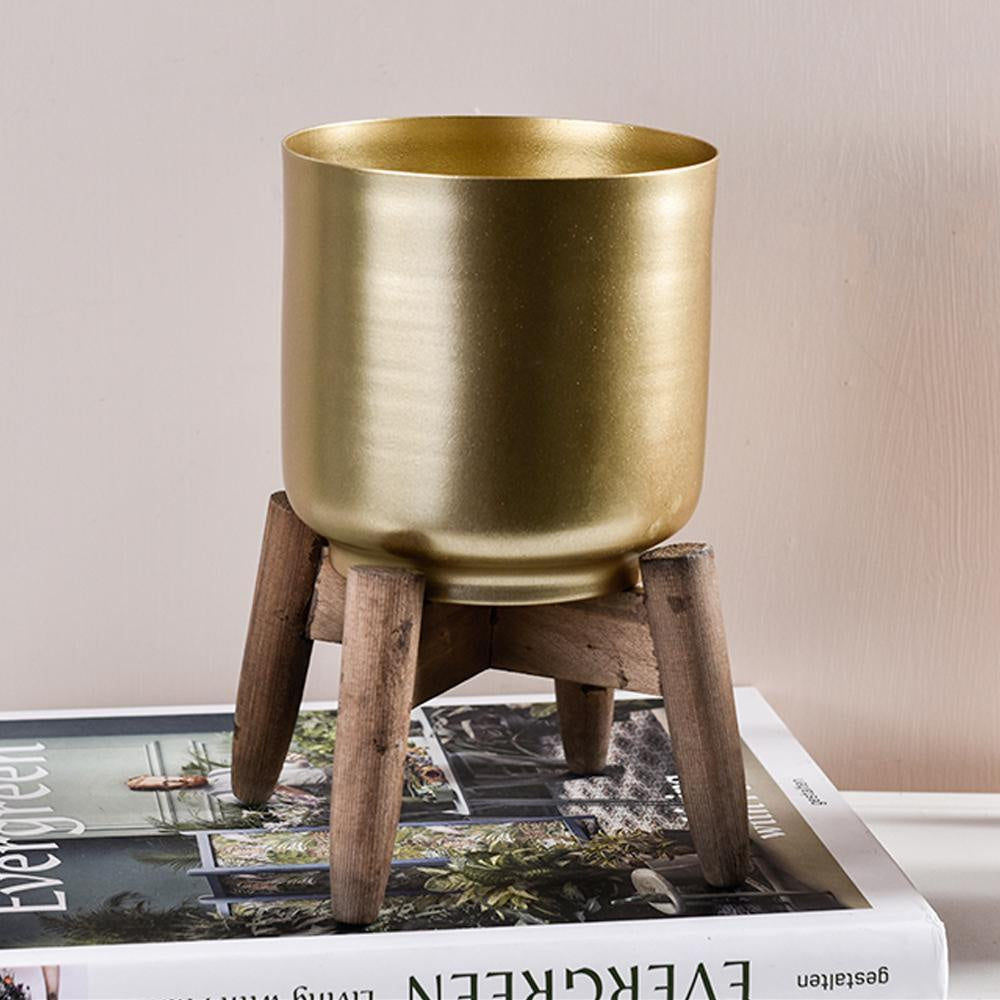 Gold Iron Planter with Wooden Pedestal BJ1302F