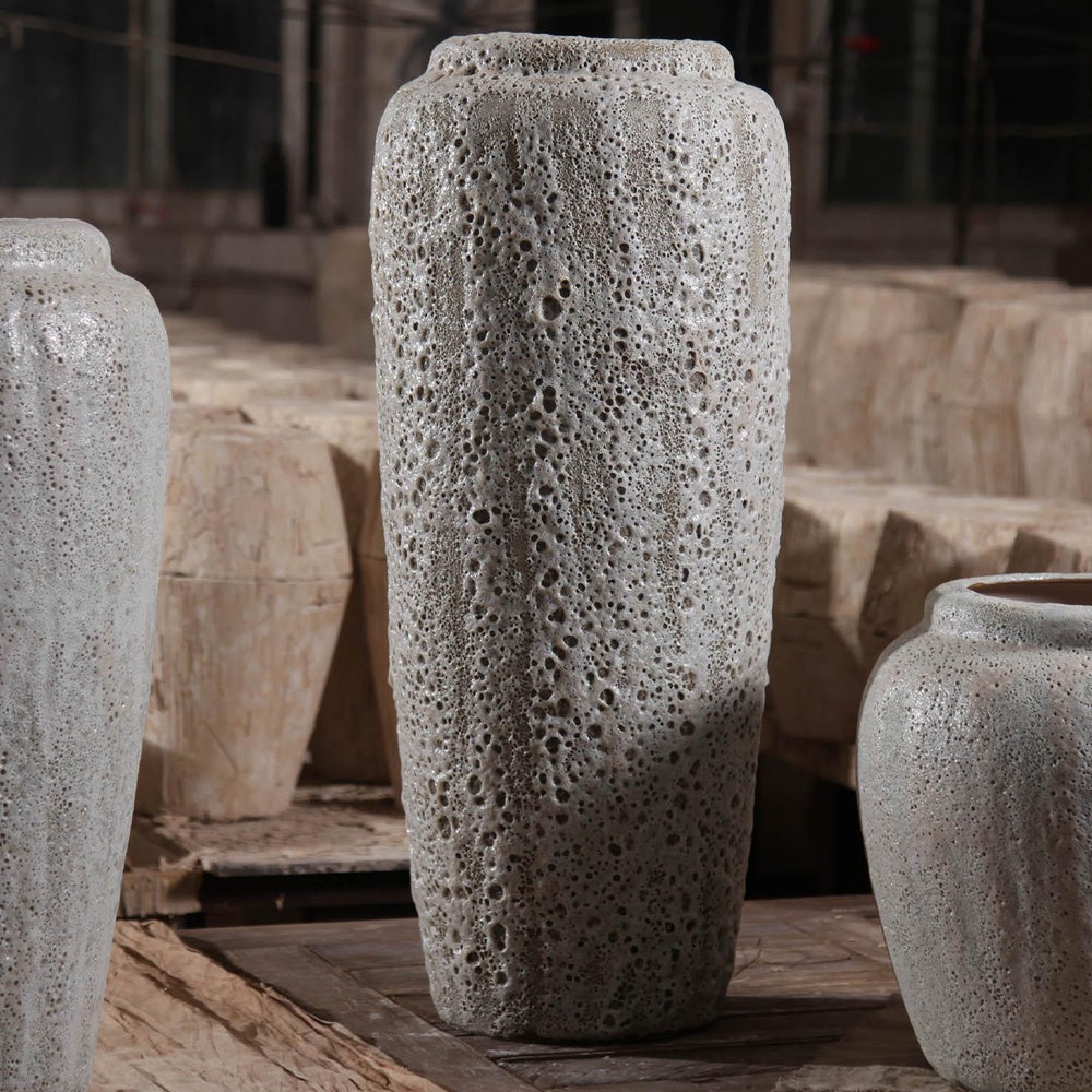 White & Beige Ceramic Textured Vase - Large 695254