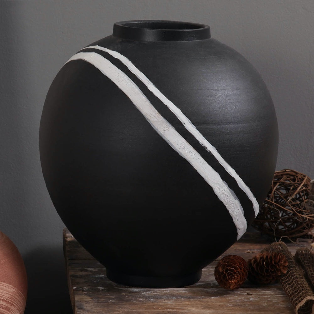 Black Ceramic Vase with White Stripe Detail 698641