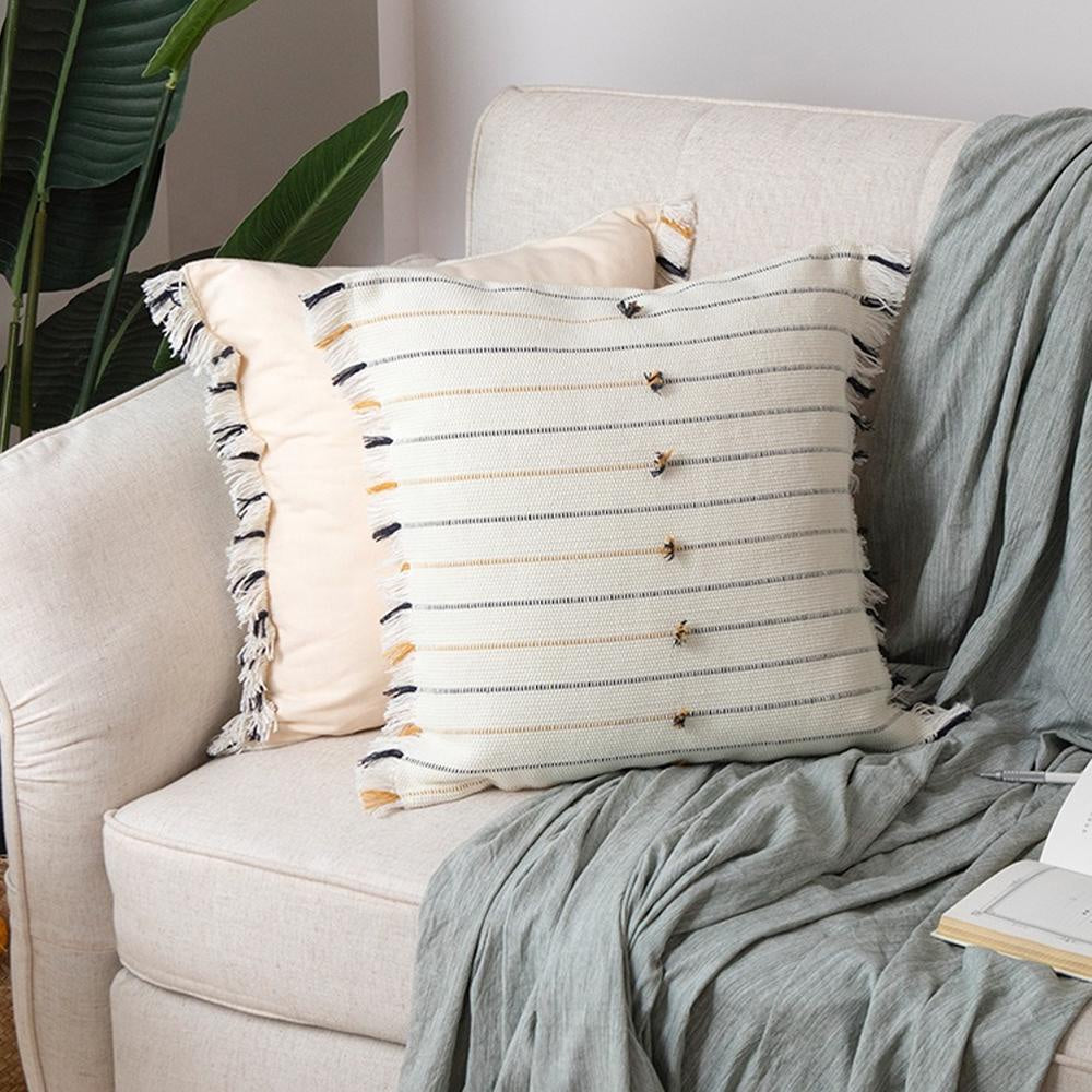 Black, White & Ochre Embroidered Cushion with Tassels BQ000681-SQ