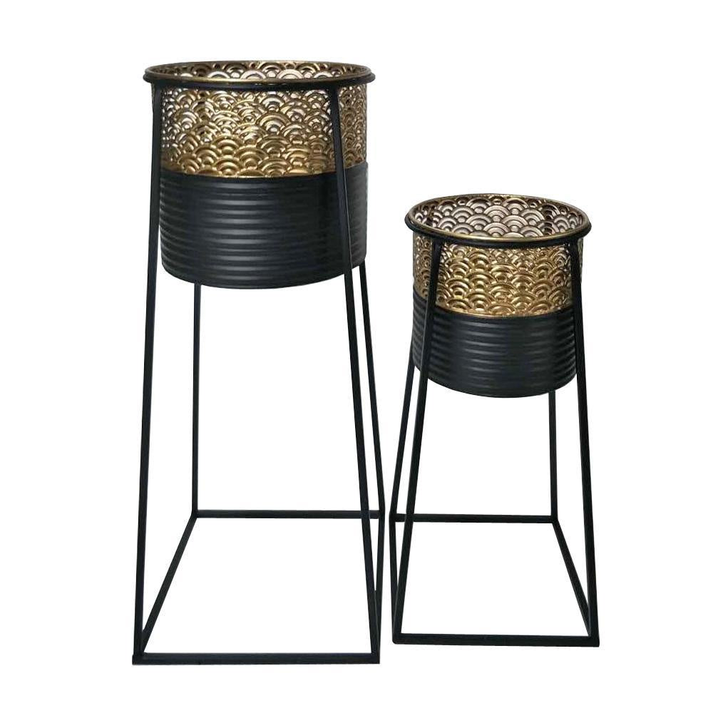 Set of 2 Black & Gold Metal Planters with Stands الغراس
