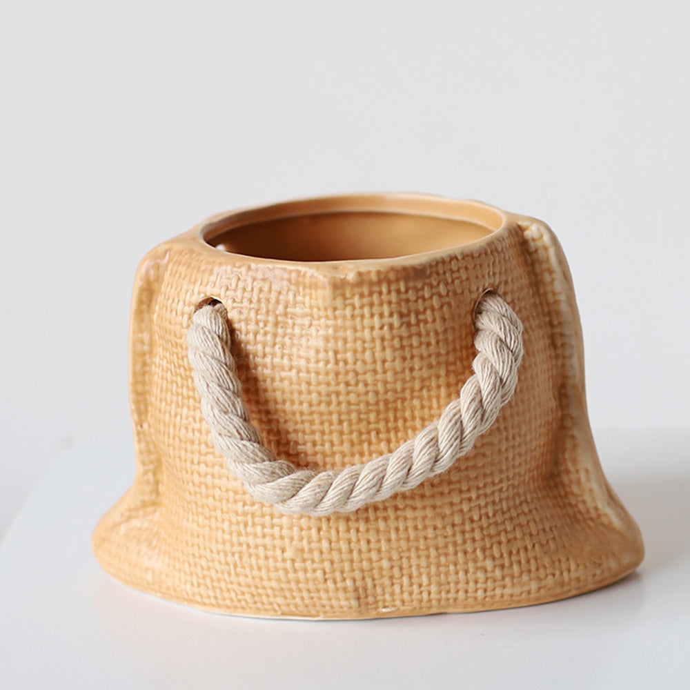 Tan Ceramic Bag Vase with Rope Handles  LT666-T