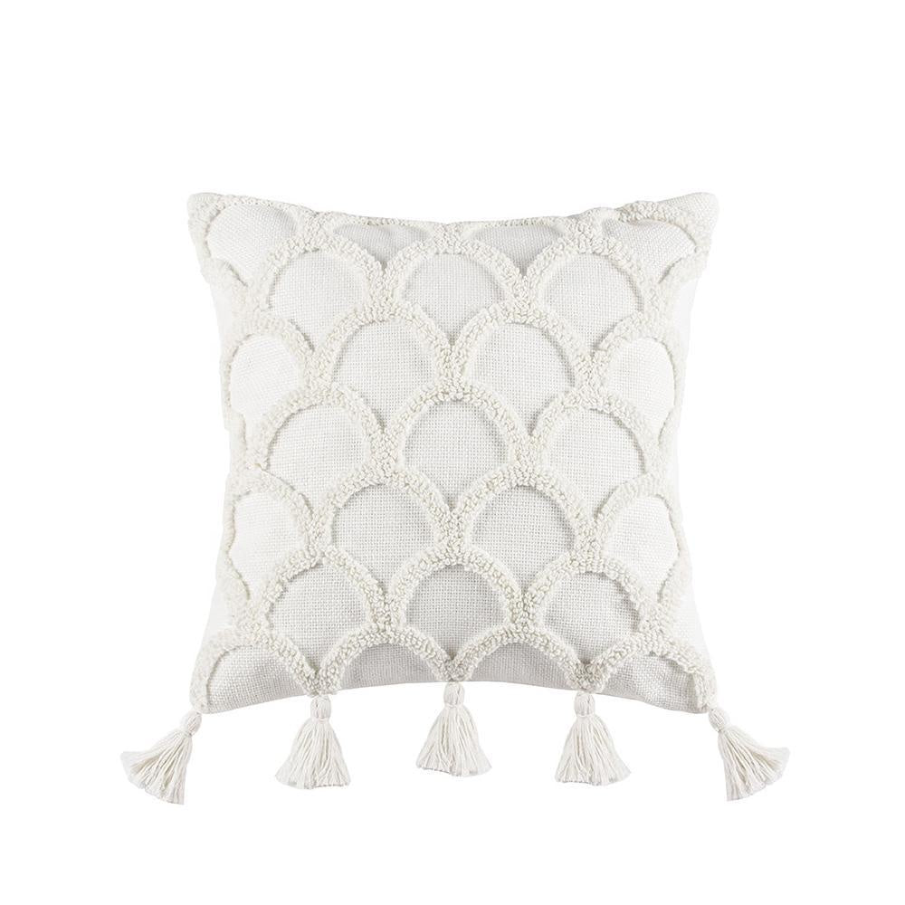 Ivory Embroidered Cushion with Fishscale Design & Tassels MND250