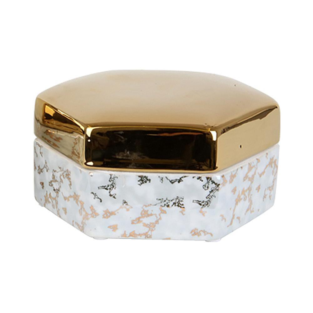 White Ceramic Hexagonal Box with Gold Lid FL-D453A