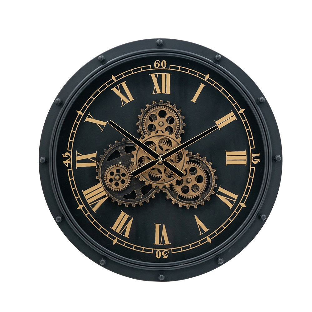 Black Iron Wall Clock with Gears 78669-DS ديكور المنزل