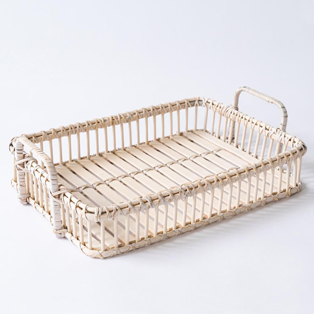 Large Wood & Bamboo Rectangular Tray with Handles - White