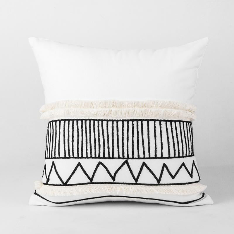 Black & White Embroidered Boho Cushion with Fringe MND120