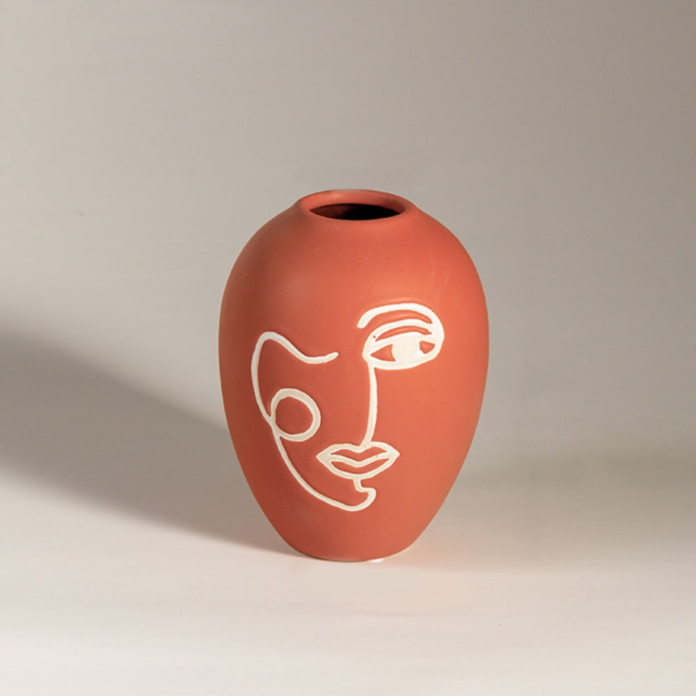 Terracotta Ceramic Vase with White Linear Artwork - Small GY-A-2