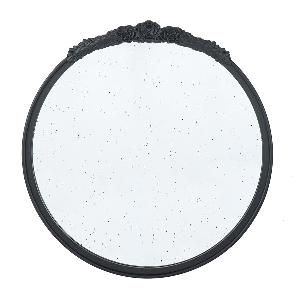Black Round Mirror with Antique Finish & Crest Detail 83482-BLAC-DS