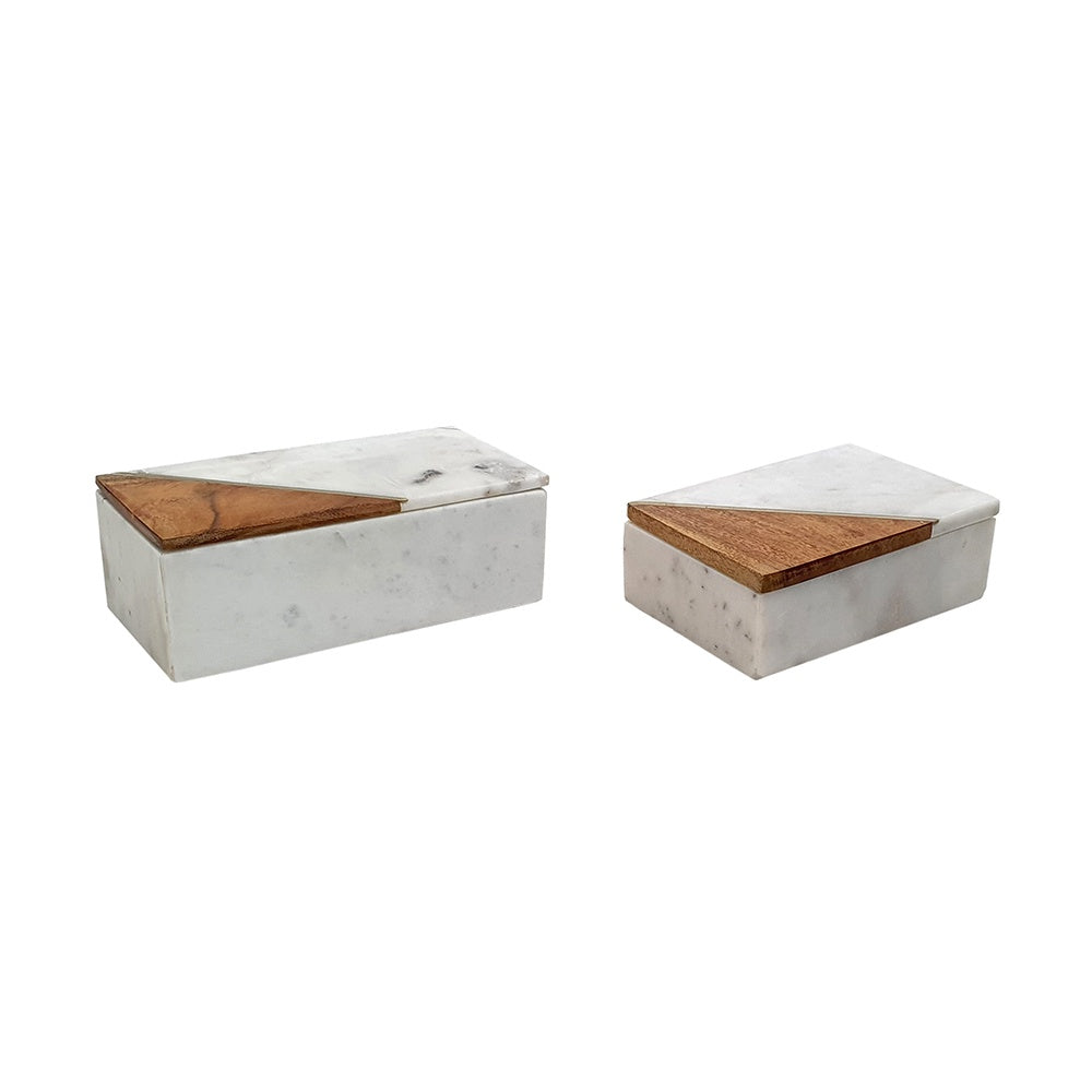 Set of 2 White Marble and Wood Boxes 83671