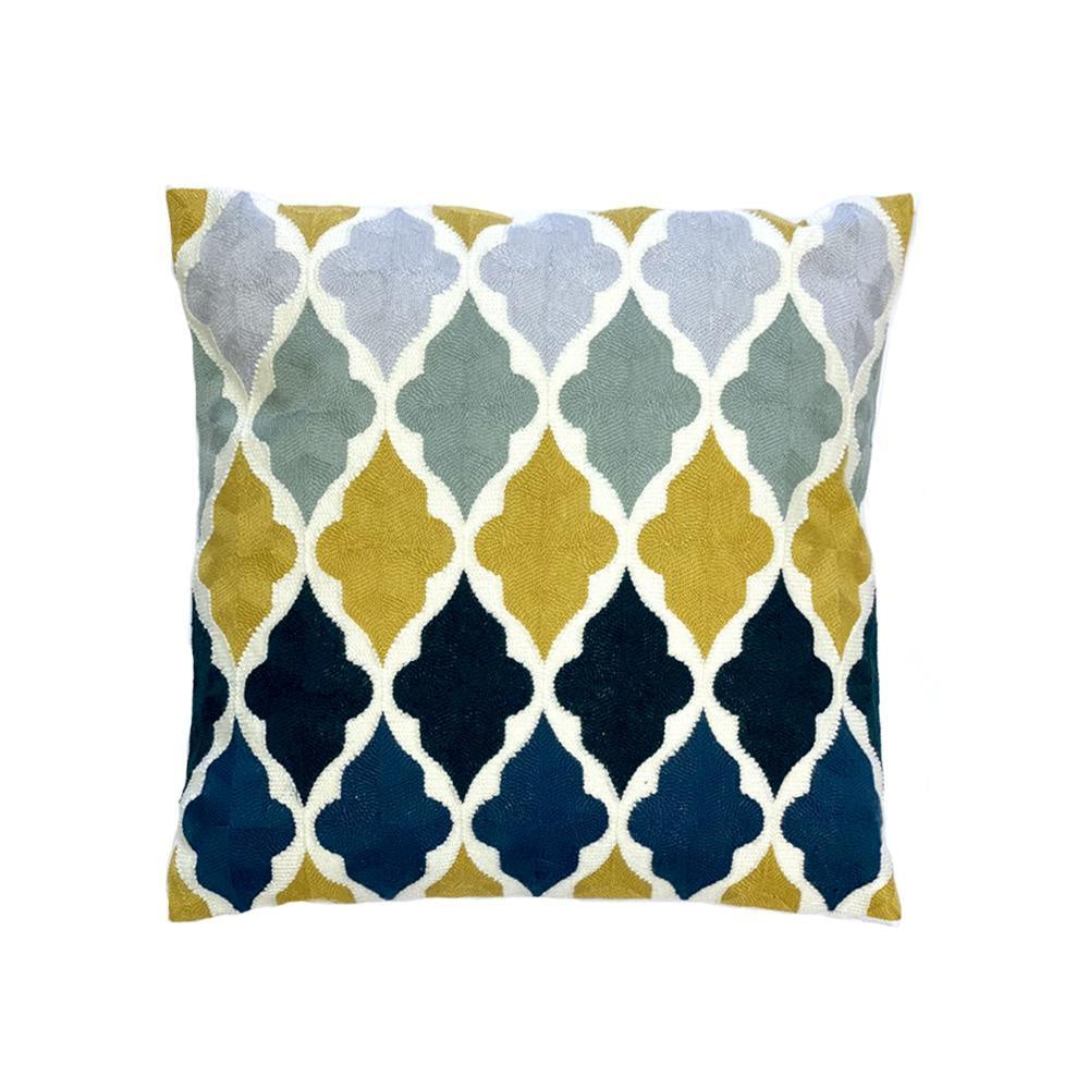 Teal & Ochre Geometric Embroidered Cushion MND222