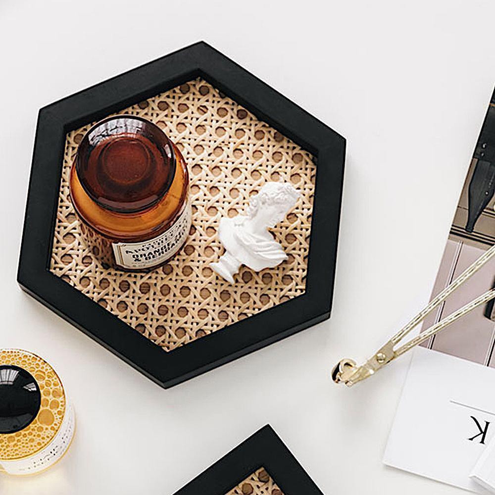 Black & Natural Cane Hexagon Tray
