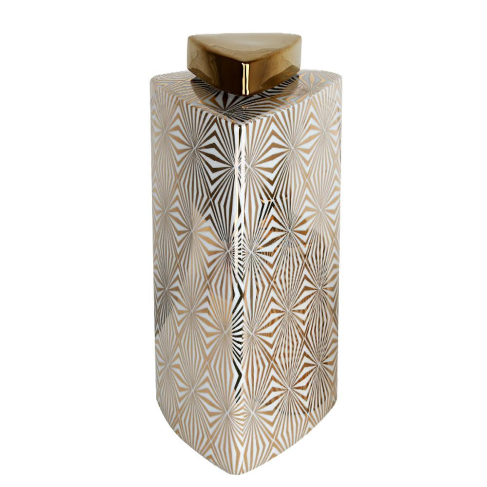White Triangular Porcelain Jar with Gold Geometric Pattern - Large FL-D339A