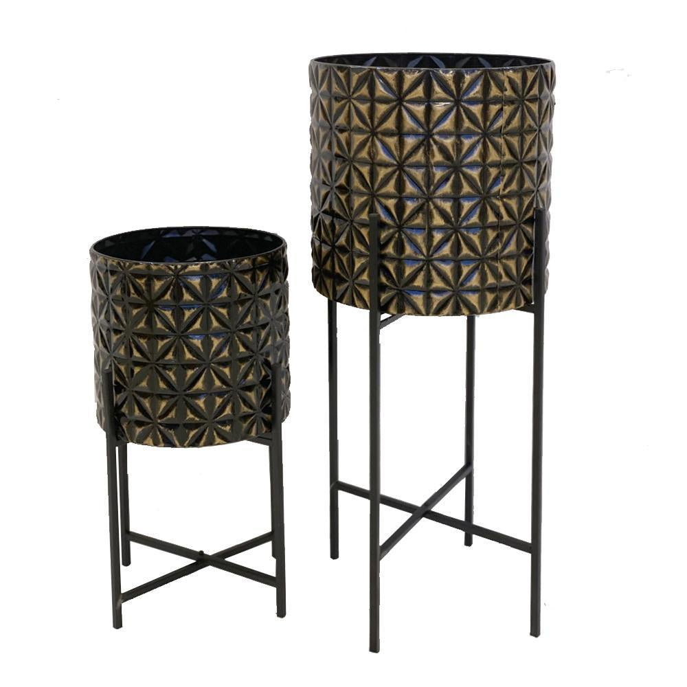 Set of 2 Metal Planters with Geometric Pattern الغراس