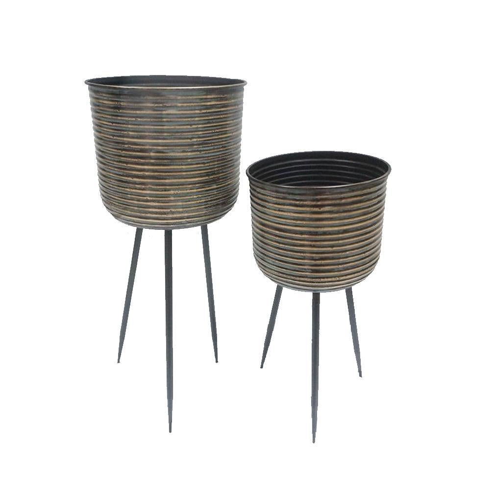 Set of 2 Black & Bronze Metal Planters with Stands الغراس