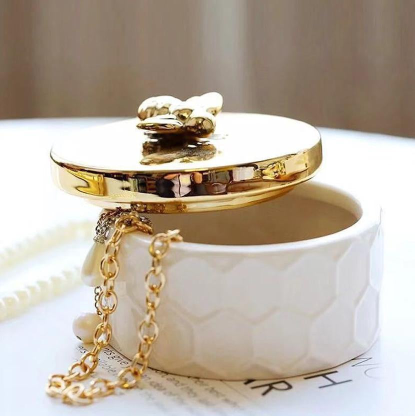 White & Gold Ceramic Honeycomb Jar - Large