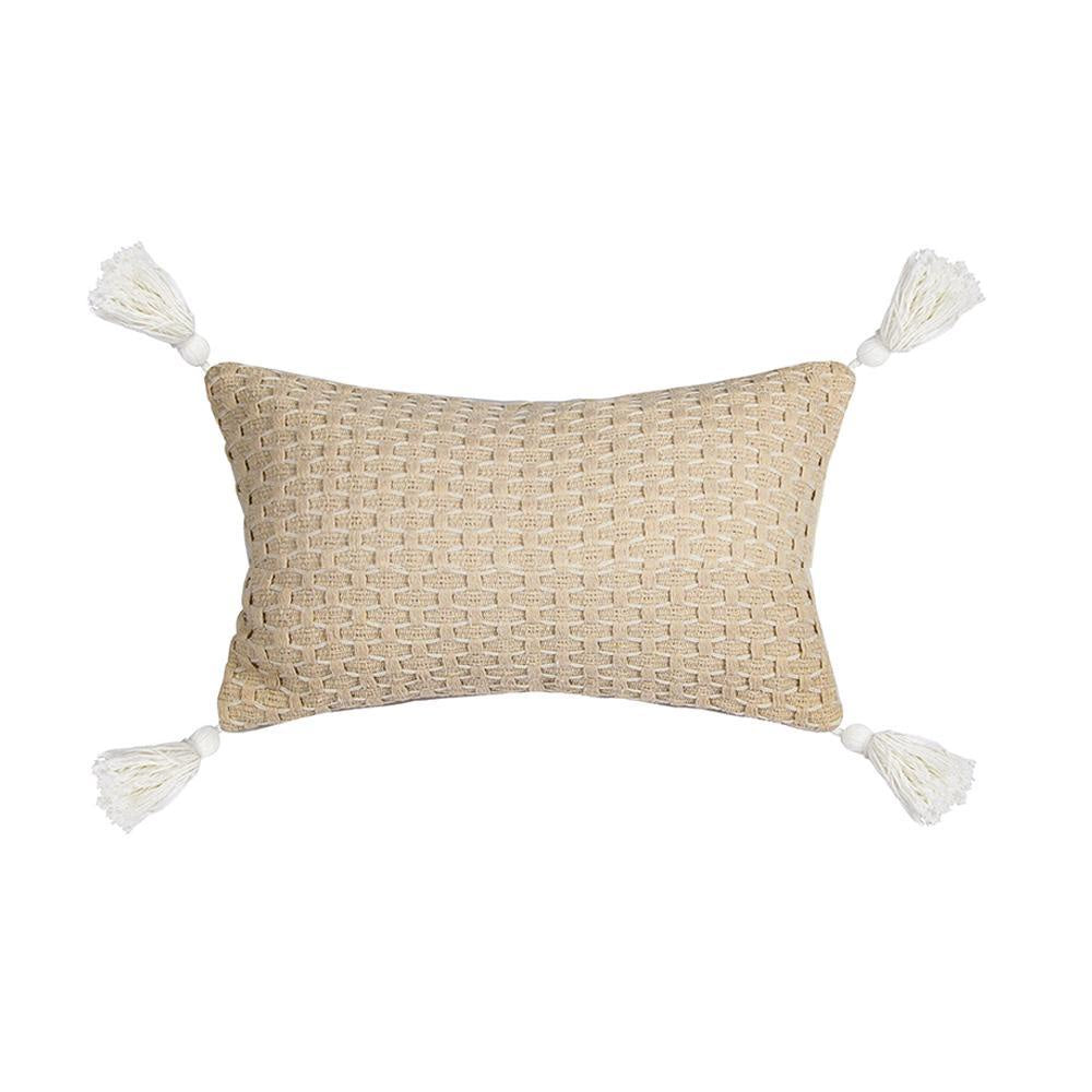 Beige Woven Cushion with Ivory Tassels - Rectangle MND235