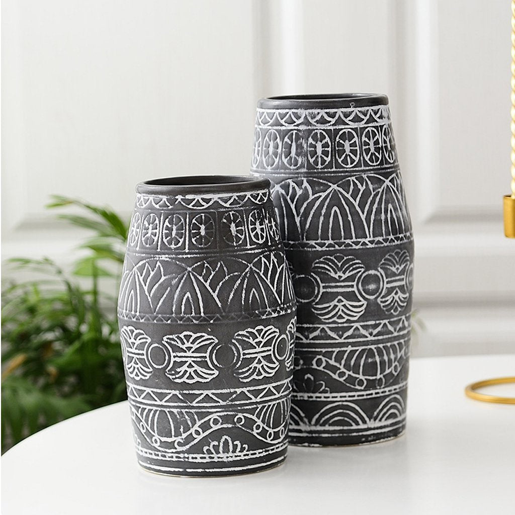 Set of 2 Black & White Tribal Vases مزهرية