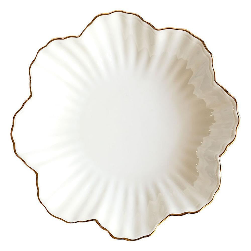 White Flower Dish with Gold Rim