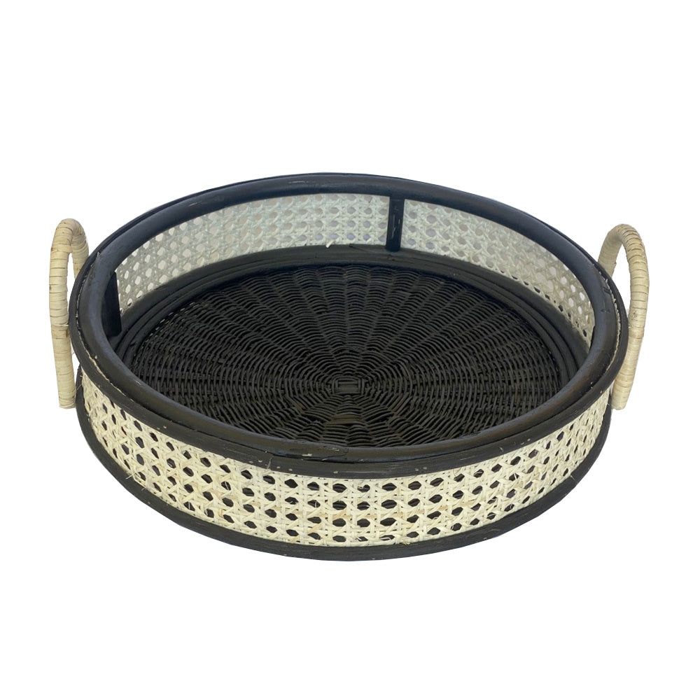Round Black & Natural Rattan Tray BM060
