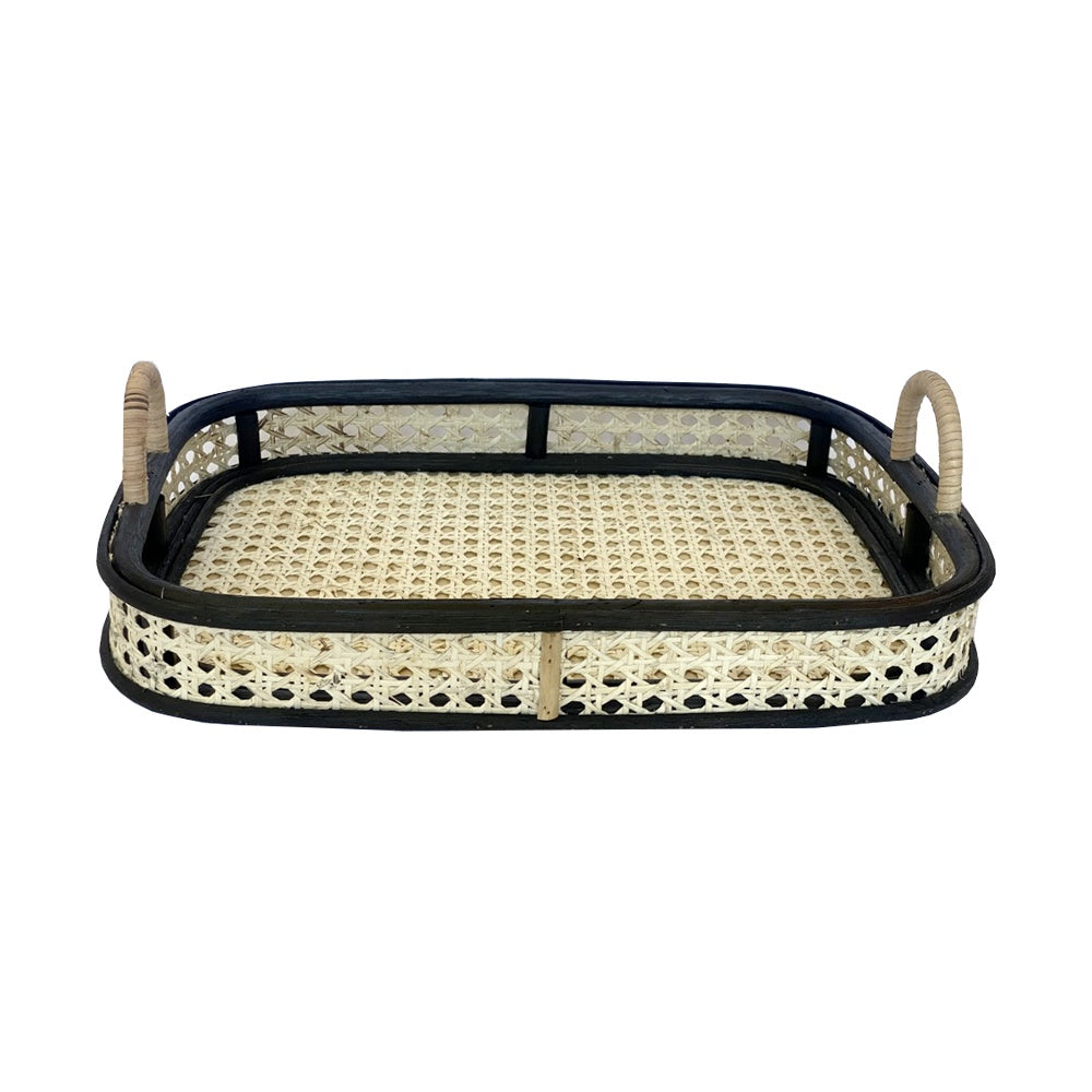 Rectangular Natural Rattan Tray with Black Trim & Handles BM064