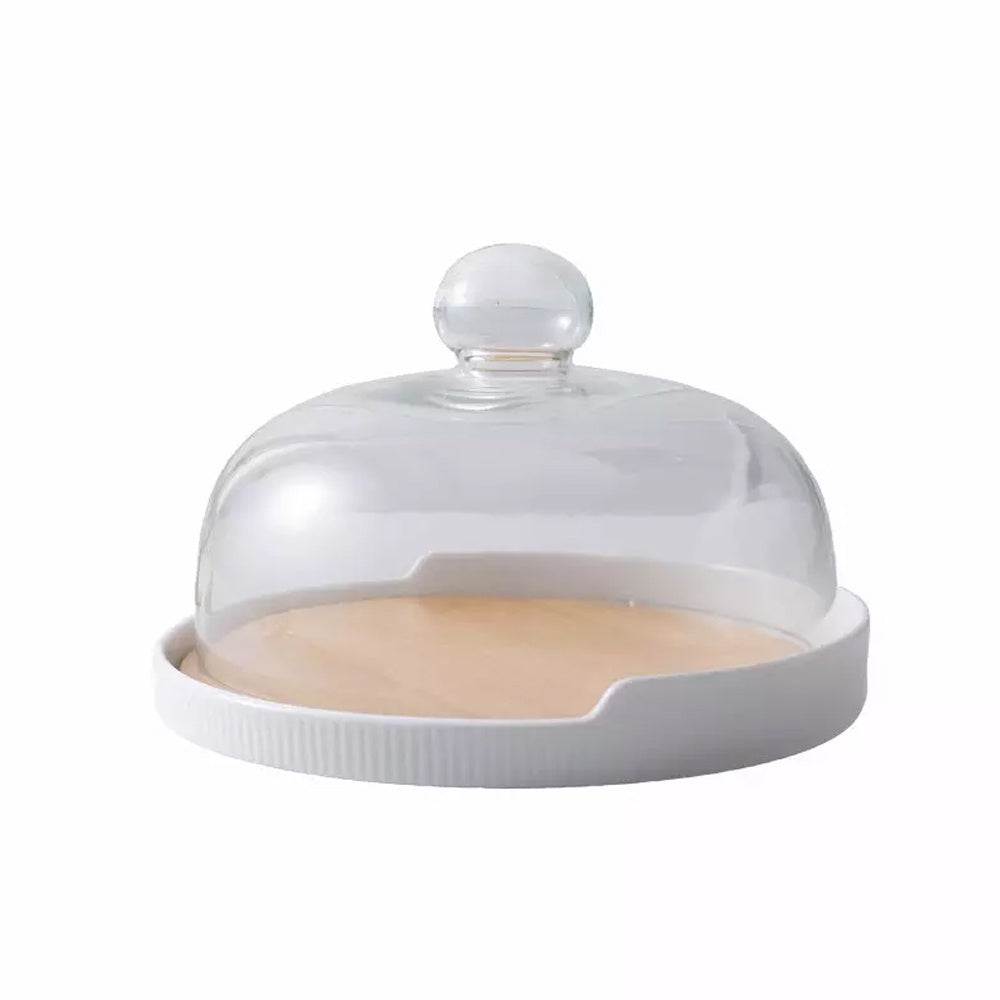 White Ceramic Cake Plate with Glass Cloche CB84130