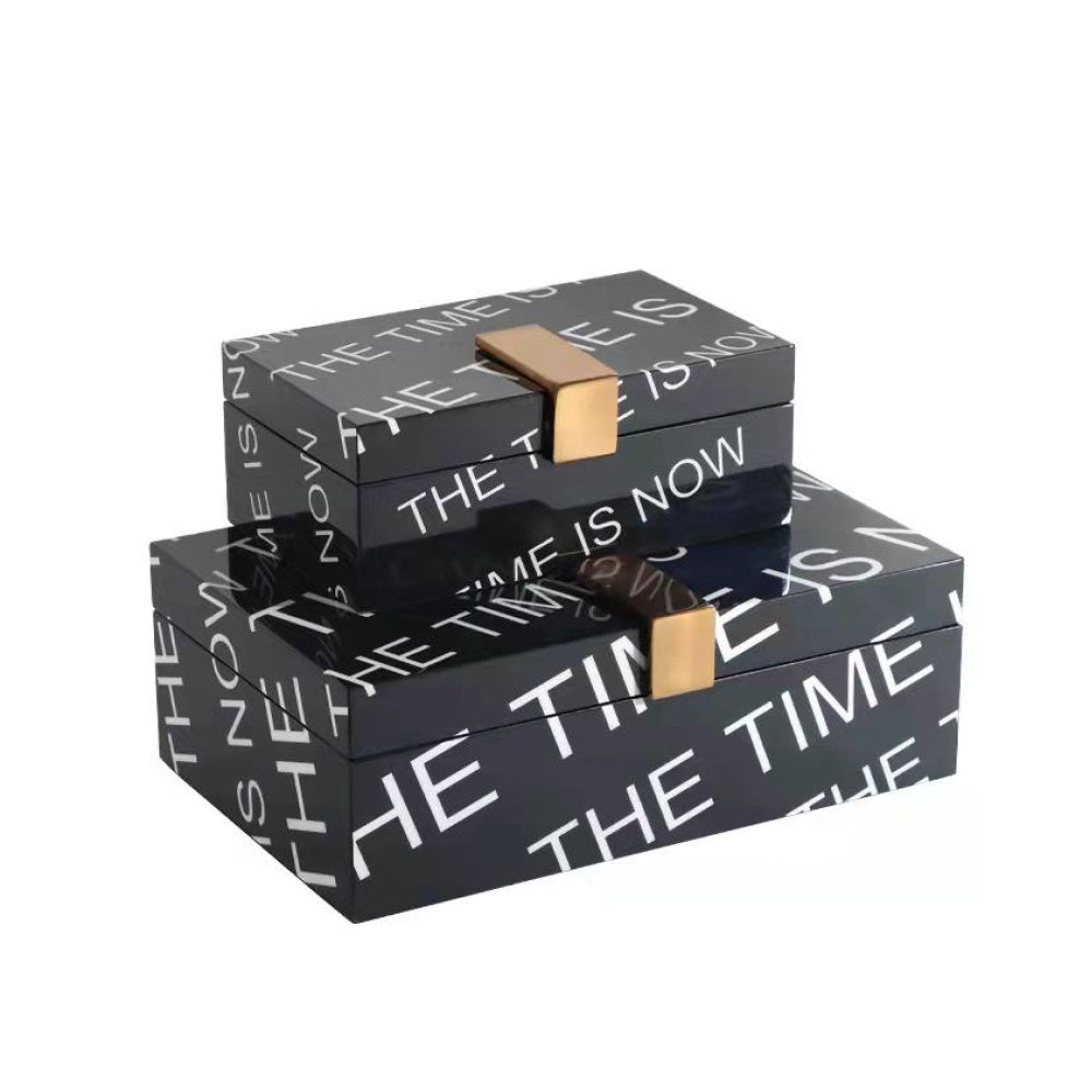 Black Rectangular Box with Script & Gold Detail - Large D200836A